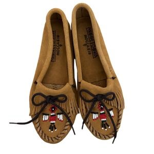 Minnetonka Thunderbird II Tan Suede Beaded Fringe Moccasins Womens 7.5